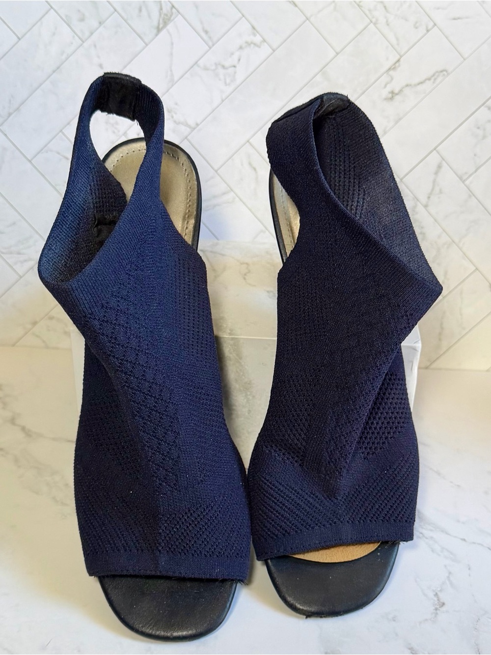 Women’s Navy Knit Slingback Peep-Toe Heels